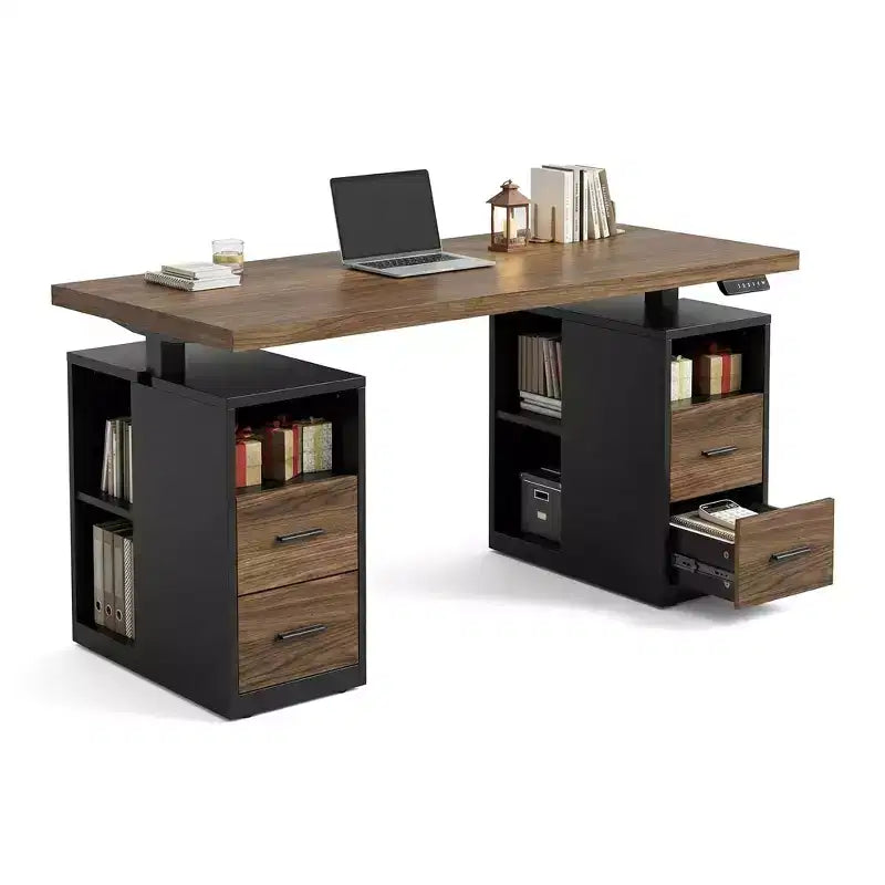 55 In Standing Desk with Drawers, Executive Electric Height Adjustable Stand Up Desk with Storage, Computer Workstation for Home Office, Black Walnut