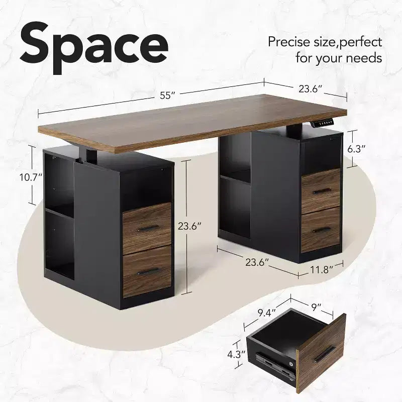 Bureau Debout de 55 pouces avec Tiroirs, Bureau de Direction Électrique à Hauteur Réglable avec Rangement, Poste de Travail Informatique pour Bureau à Domicile, Noyer Noir