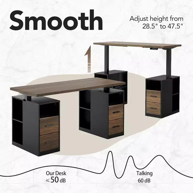 Bureau Debout de 55 pouces avec Tiroirs, Bureau de Direction Électrique à Hauteur Réglable avec Rangement, Poste de Travail Informatique pour Bureau à Domicile, Noyer Noir