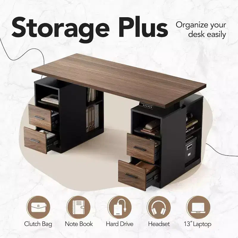 Bureau Debout de 55 pouces avec Tiroirs, Bureau de Direction Électrique à Hauteur Réglable avec Rangement, Poste de Travail Informatique pour Bureau à Domicile, Noyer Noir