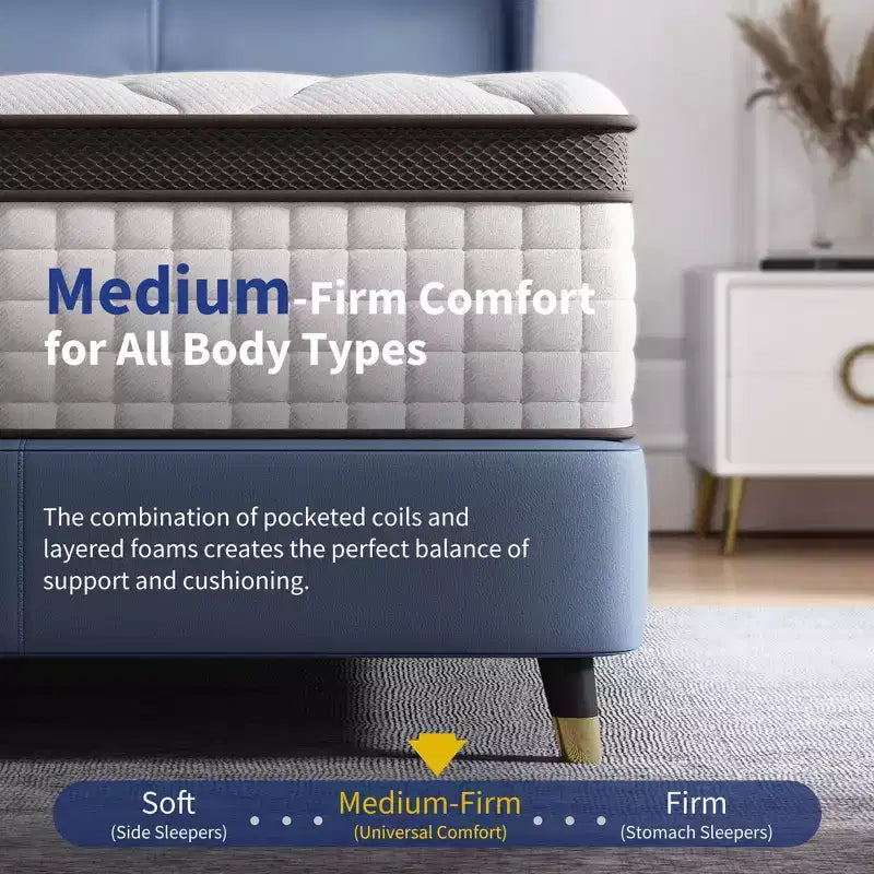 Matelas hybride haut de gamme de 12 pouces, fermeté moyenne - Compatible avec les lits plateformes, sommiers tapissiers ou à lattes