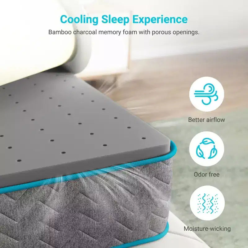 Matelas hybride respirant en bambou et charbon de bois de 8 pouces – Compatible avec les lits plateformes, les sommiers tapissiers ou les lattes.