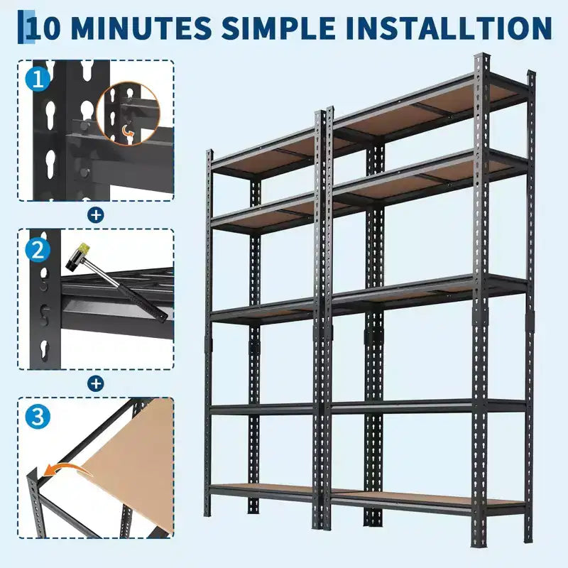 Étagères de rangement robustes à 5 niveaux, unité de rayonnage de garage en métal réglable, 183 cm de hauteur, capacité de 1000 kg