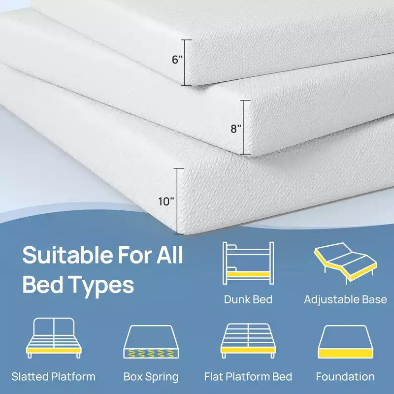 Matelas en mousse à mémoire de forme rafraîchissante de 6 pouces pour adulte, mousse de soutien au charbon de bambou, fermeté moyenne