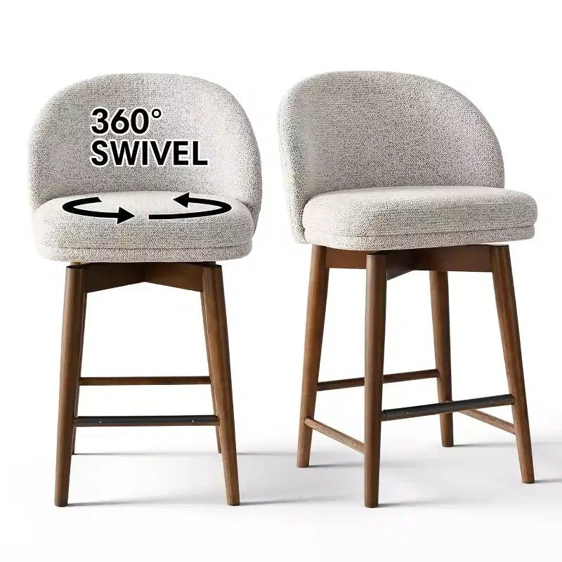 Lot de 2 tabourets de comptoir pivotants modernes avec assise rembourrée, chaises de bar ou d'îlot de cuisine pivotantes à 360° avec pieds en bois massif
