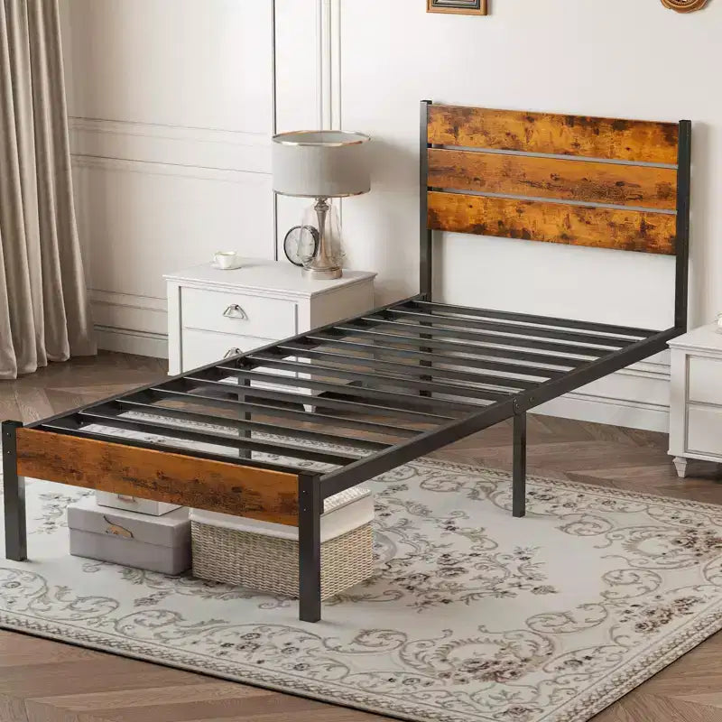 MAYEERTY Industrial Metal Platform Bed Frame with Wood Headboard &amp; Footboard, 800lbs Load Capacity &amp; 12.8 Underbed Storage