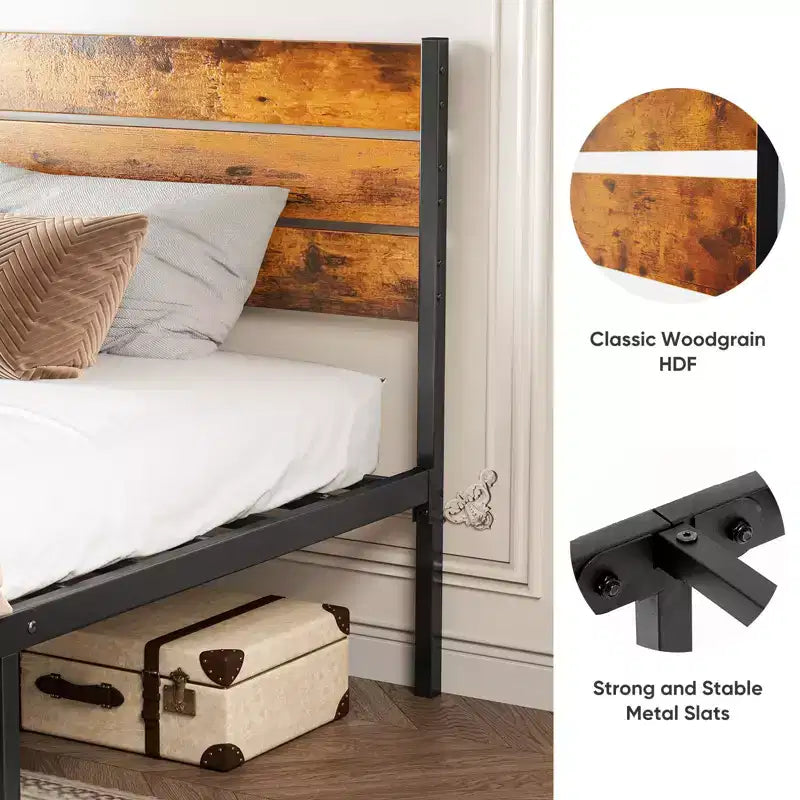 Cadre de lit plateforme en métal industriel avec tête et pied de lit en bois, capacité de charge de 360 kg et 32,5 cm de rangement sous le lit