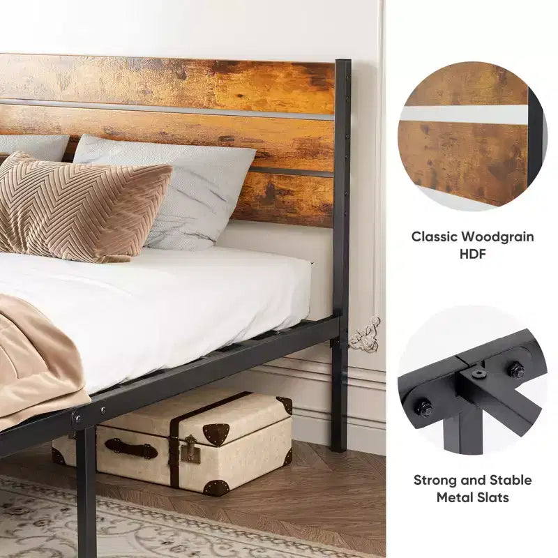Cadre de lit plateforme en métal industriel avec tête et pied de lit en bois, capacité de charge de 360 kg et 32,5 cm de rangement sous le lit