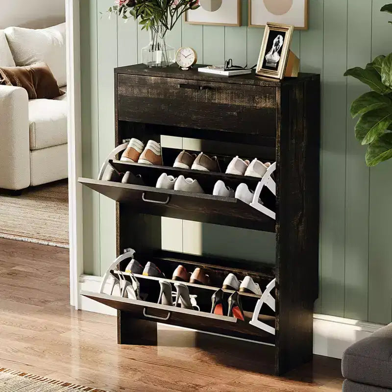Meuble à chaussures caché avec 3 portes basculantes blanc et chêne
