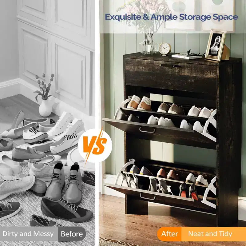 Meuble à chaussures caché avec 3 portes basculantes blanc et chêne